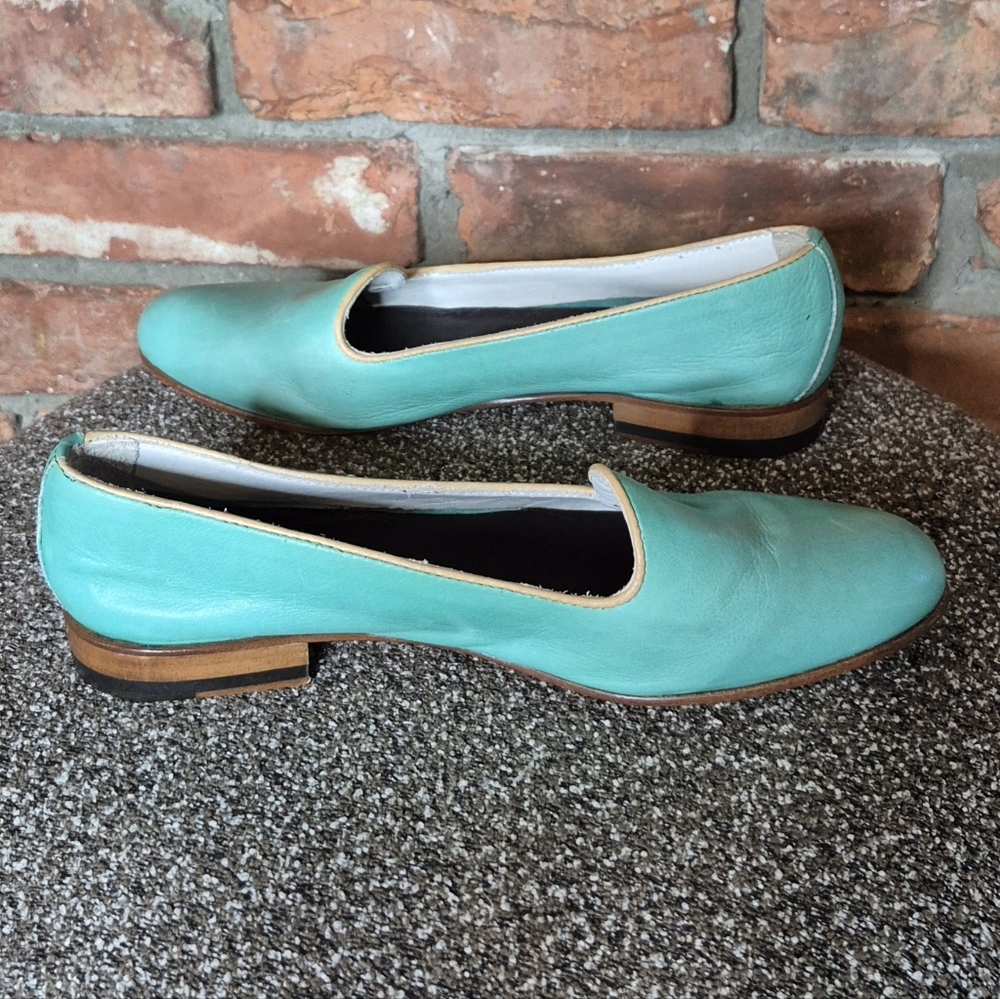 Italian Turquoise Leather Smoking Flats EU 37 Artisan Loafers Coastal Chic - Picture 6 of 13
